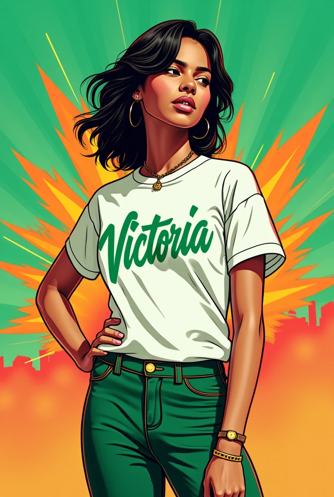Generate an image of a t-shirt themed around the singer Ferxxo, containing green colors, white orange and that you can also put the name Victoria without leaving aside the central idea.