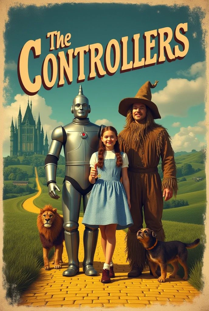 
A cover like the 1939 film "The Wizard of OZ", and in place of the title put "The Controllers", put in the photo, a tin man, a scarecrow, Dorothy, a man with a lion's face and a dog , just like in the movie
, the image needs to be as realistic as possible but with old characteristics, as if it were taken in 1939 but in color