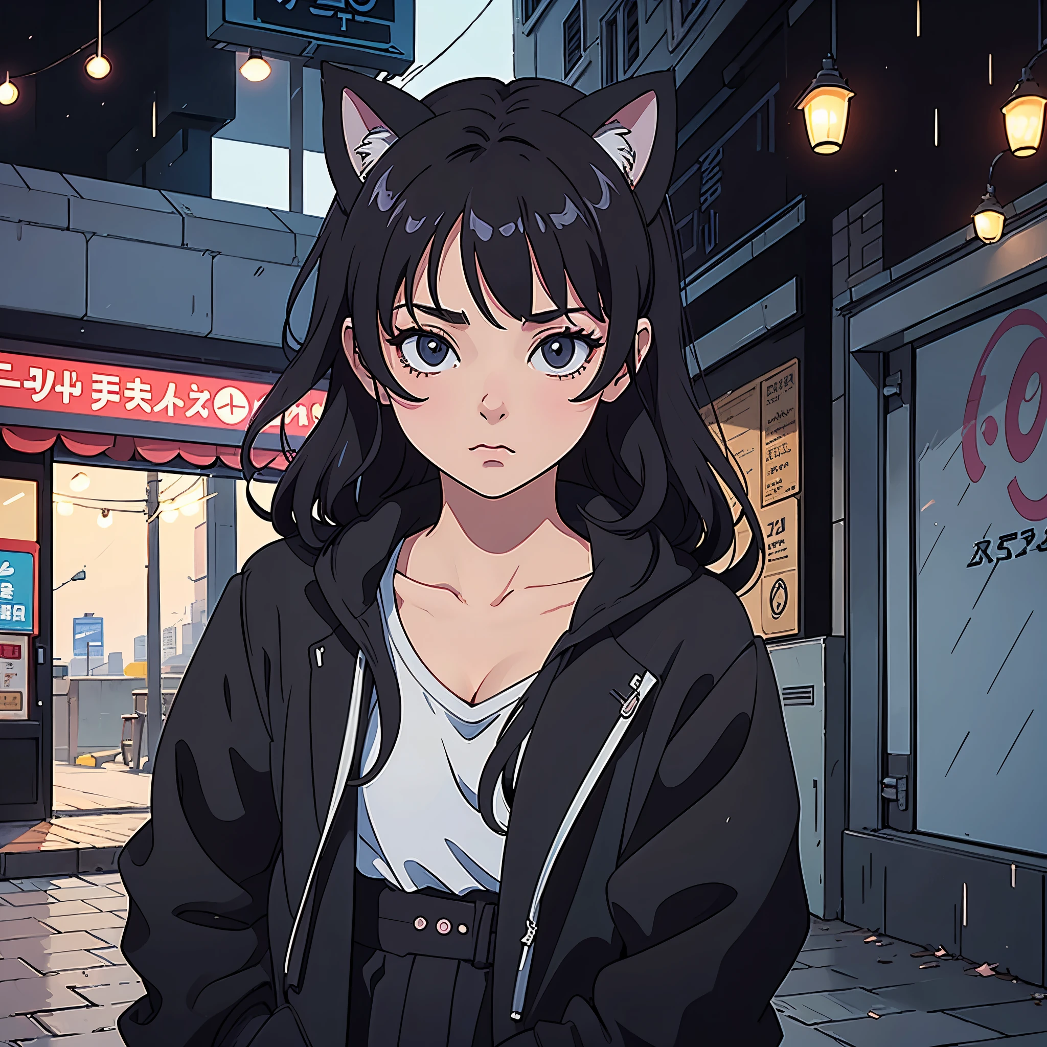 cat girl, with cat ears, short black hair, with rain and relaxing, listening to music, com roupa preta, in a city chuvosa, with black clothes and darker colors, with black clothes and darker colors, with black clothes and darker colors, darker colors in the drawing. in a city, in a city, , looking forward, with cute doting eyes, a quiet place, with plenty of detail in the city in the background, 8 0 s anime vibe, 90s anime aesthetics, 90s anime style, 90's anime style, 90s anime art style, lofi girl, 80s anime art style, 80s Anime Style, 1980's anime style