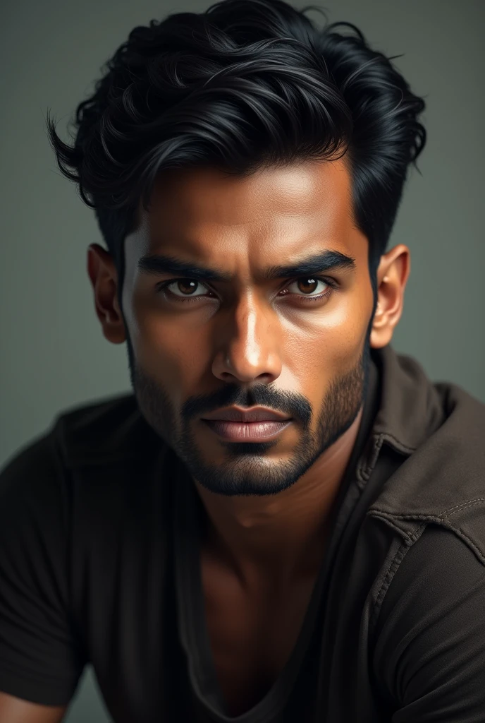 A portrait of a handsome young man. Whose gaze is intimidating and looks powerful. Make him indian
