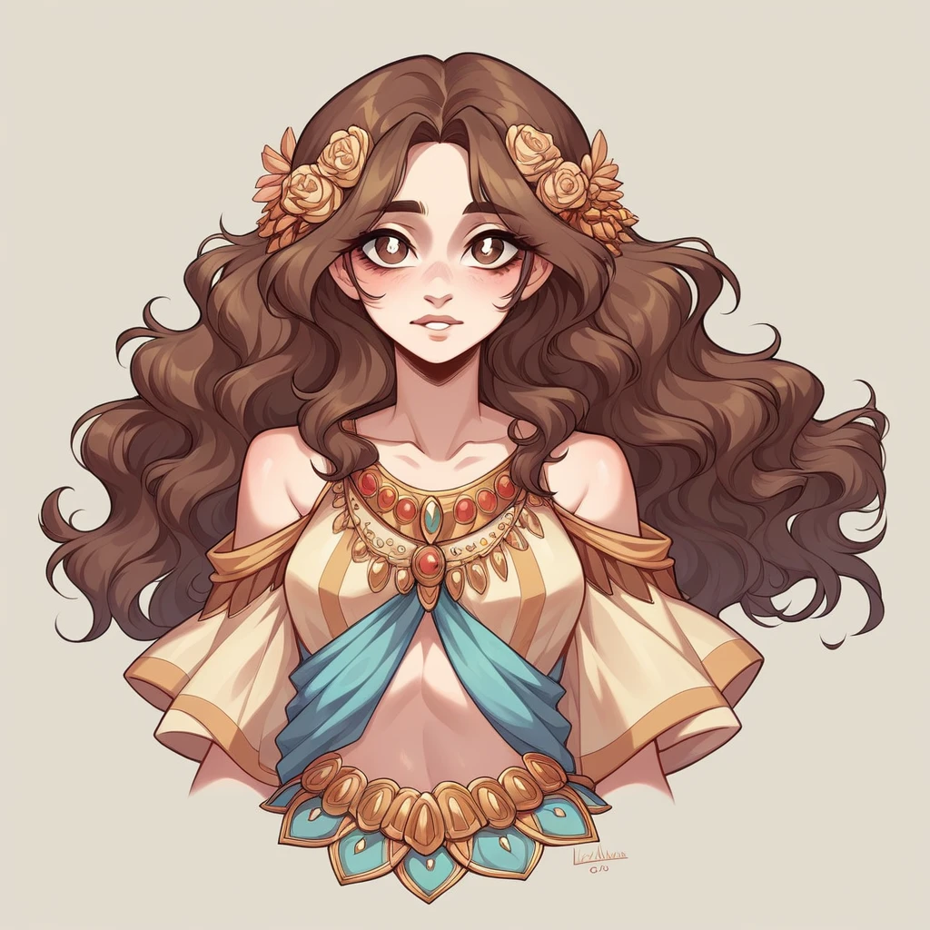 1girl, Solo, Looking at viewer, Chestnut Brown Hair, Wavy Hair, Brown Eyes, Long Hair, Pale Skin, Almond Shaped Eyes, Slender, Bohemian Fashion, Hippie Clothes,
- **Hair**: Lila has rich, chestnut brown hair with a slight wav
- **Eyes**: Lila has large, expressive brown eyes, but with golden flecks that give them a warm, amber glow.
- **Complexion**: She has a slightly warmer complexion with a natural rosy tint to her cheeks.
- **Height**: Lila stands at 5'2", with a more and athletic build due to her love of outdoor activities.
- **Style**: Lila’s style is more bohemian, She favors flowy skirts, layered tops, and earthy tones, often accessorized with handmade jewelry.