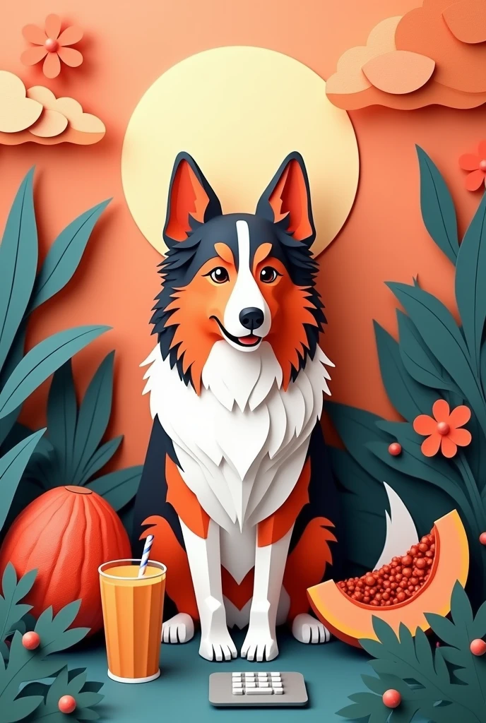 a tricolor collie, sitting in front of a computer, with a papaya smoothie, masterpiece, all in three dimensional paper art、(Almond Shapes);1.9、(Three-dimensional paper-cut art.、colorful):1.9