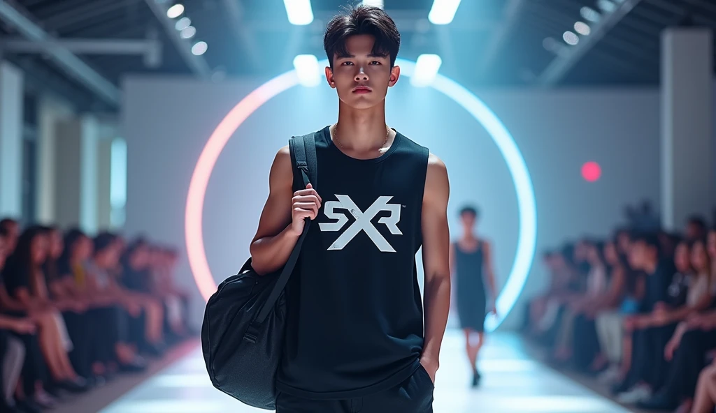 (photorealism:1.2), 3 sportwear fashion handsome 18 yrs. old, k pop Asian male model, runway show full body holding sports bag pack, tank top casual wear style, SXR logo design, ultra-detailed, film photography, light leaks, trending on sportwear, sharp focus, studio photo, futuristic details, highly detailed