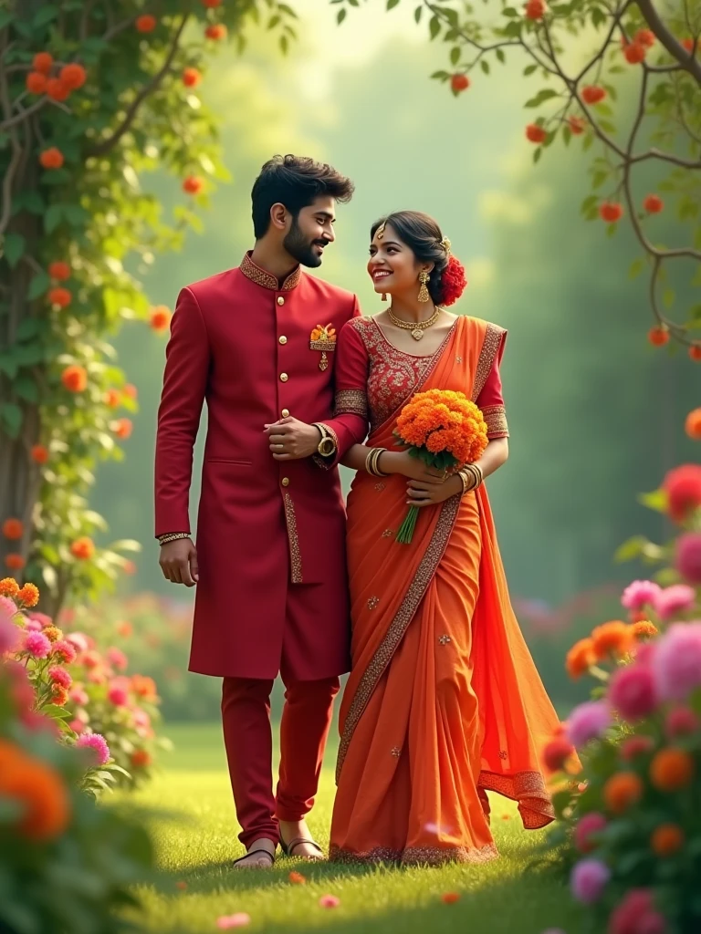 A 2 Indian girl and boy wearing a red suit and salwar and she is coming from the garden and her boyfriend behind her she is taken a huge flower because coming behind her too. HD realistic art image