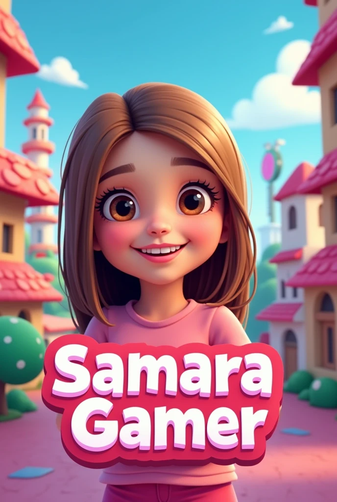 Create a kids logo for a YouTube channel , with avatar of a woman with straight light brown hair, light brown eyes with pink lips, and with the name Samara Gamer on a background of virtual games like Toca Boca