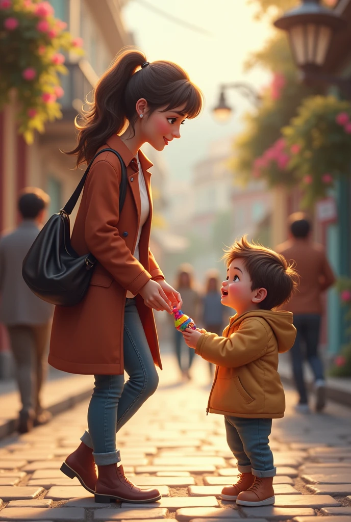A woman walking down the street sees a baby crying. The woman takes out a toy from her bag, and the child looks at her with a smile.
