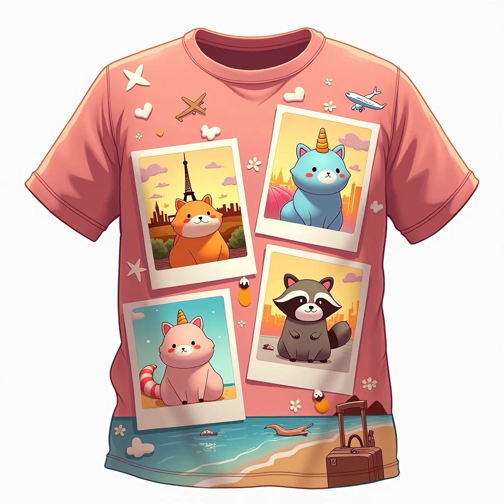 "Create a realistic oil painting style illustration, with good layout and design features. A imagem deve ser ((glad)), with good contrast, fine and delicate strokes, cute and fun, intended for the public . The illustration features three polaroid-style photos, each showing a Squishmallows in different situations during a trip. Squishmallows look like teddy bears: in the first photo, um Squishmallows raposa laranja glad tirando uma foto em frente a um famoso ponto turístico como pariz; In the second photo, a blue unicorn Squishmallows with big round eyes carrying a suitcase at an airport ; and in the third photo, a Squishmallows raccoon in a scout outfit map in hand and backpack on his back, glad usando óculos de sol enquanto relaxa em uma praia tropical. The photos are random, portraying different places and travel situations. The art, Em geral, presents a distribution that resembles shirt prints, avoiding a rectangular shape. Below this scene, there is text that says 'Bon Voyage' in a stylized font that suggests a vibe of adventure and exploration. The font color transitions from pink at the top to yellow at the bottom, imitating a sunset. This image evokes nostalgia for travel and adventure, symbolizing freedom and leisure." - add icons like map, plane , compass. and leave the background white