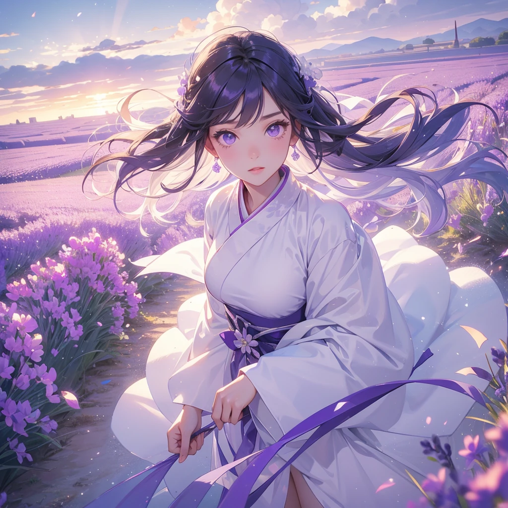 A beautiful female in white hanfu dress , Stroll among the purple lavender fields , There are some floating clouds, close up. 