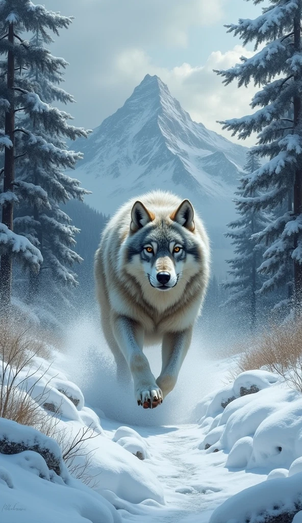 Wolf running in a snowy forest, its paws kicking up snow as it flees through trees with branches heavy with ice, mountains in the background under a gray sky, atmosphere of resistance and strength, Oil painting with textured details and cool colors, --ar 16:9 --v 5






