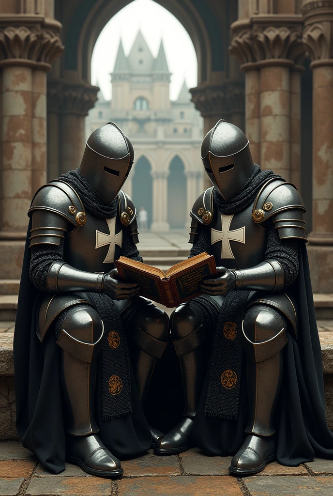 ultra realistic picture of two templar knights in full armor, black robes with white cross, reading a holy script while sitting on a stone bench, monastery in the background