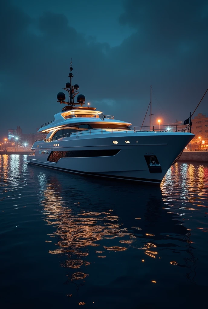 A detailed, photorealistic yacht at night in a port, intricate details, hyperrealistic, dramatic lighting, glowing water, atmospheric, cinematic, moody, mystical, elegant, luxurious, realistic, 4k, (best quality,4k,8k,highres,masterpiece:1.2),ultra-detailed,(realistic,photorealistic,photo-realistic:1.37),HDR,UHD,studio lighting,ultra-fine painting,sharp focus,physically-based rendering,extreme detail description,professional,vivid colors,bokeh