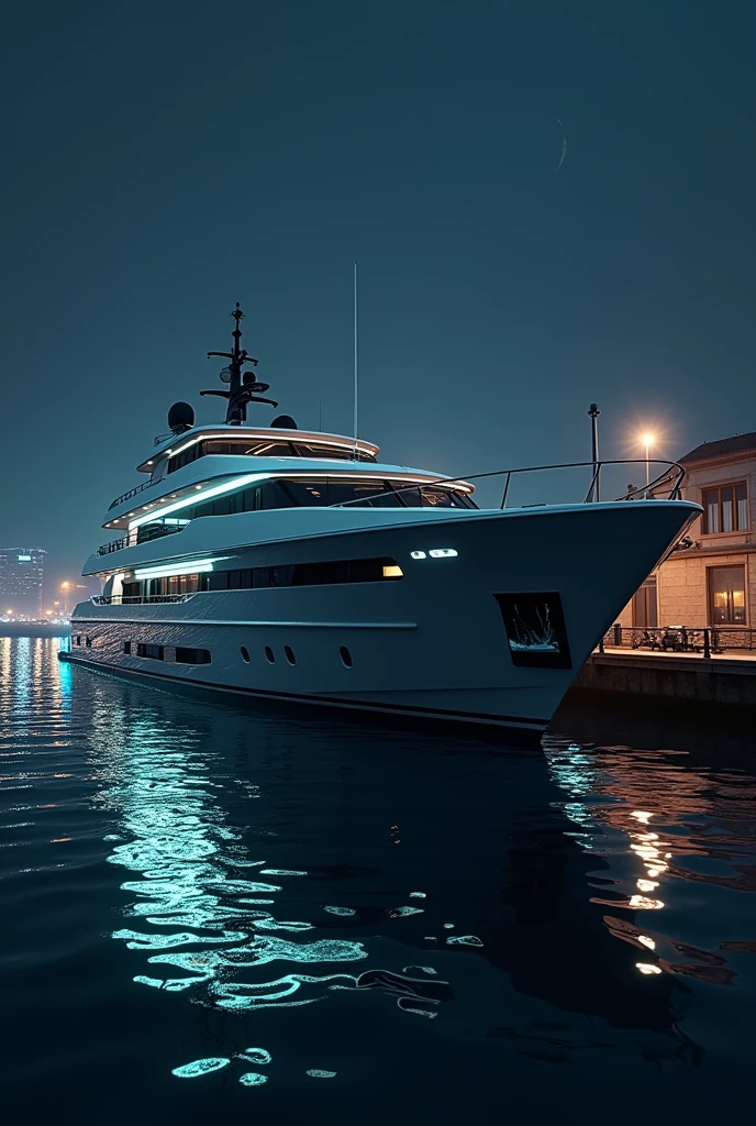 A detailed, photorealistic yacht at night in a port, intricate details, hyperrealistic, dramatic lighting, glowing water, atmospheric, cinematic, moody, mystical, elegant, luxurious, realistic, 4k, (best quality,4k,8k,highres,masterpiece:1.2),ultra-detailed,(realistic,photorealistic,photo-realistic:1.37),HDR,UHD,studio lighting,ultra-fine painting,sharp focus,physically-based rendering,extreme detail description,professional,vivid colors,bokeh