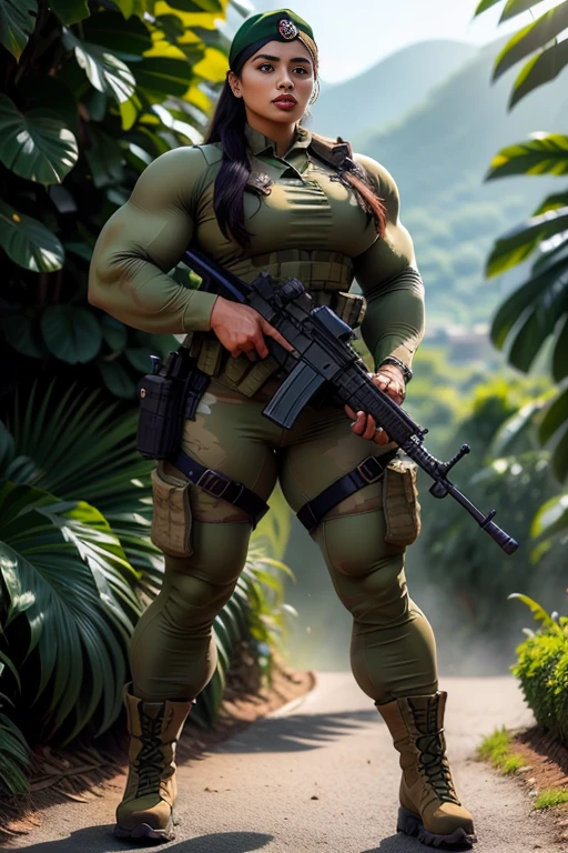 Photorealistic, high resolution, 1 malay woman wearing a green beret, Solo, Hips up, Battlefield background,view the viewer, (Detailed face), braided hair, wearing a green beret and a special team logo, SWAT vests, airborne logo on the chest, sniper rifle handle, camouflage combat suit, Camoflage military uniform, SWAT Boots, bulletproof vest, Holding an assault rifle, M16, Inside the jungle of Royal Belum, Very detailed, Perfect face, Black eye, jewelry, (full body view), Lifelike, masterpiece, HDR, 4K