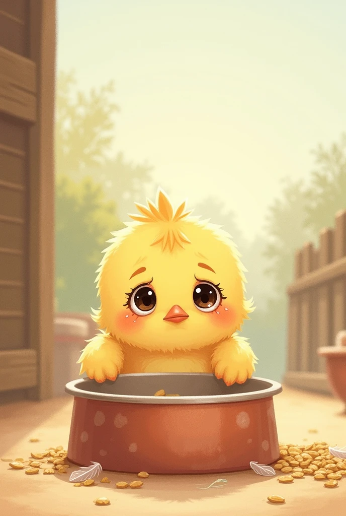 Dessin histoire pour enfant, dessin mignon, poussin triste qui pleure devant gamelle vide