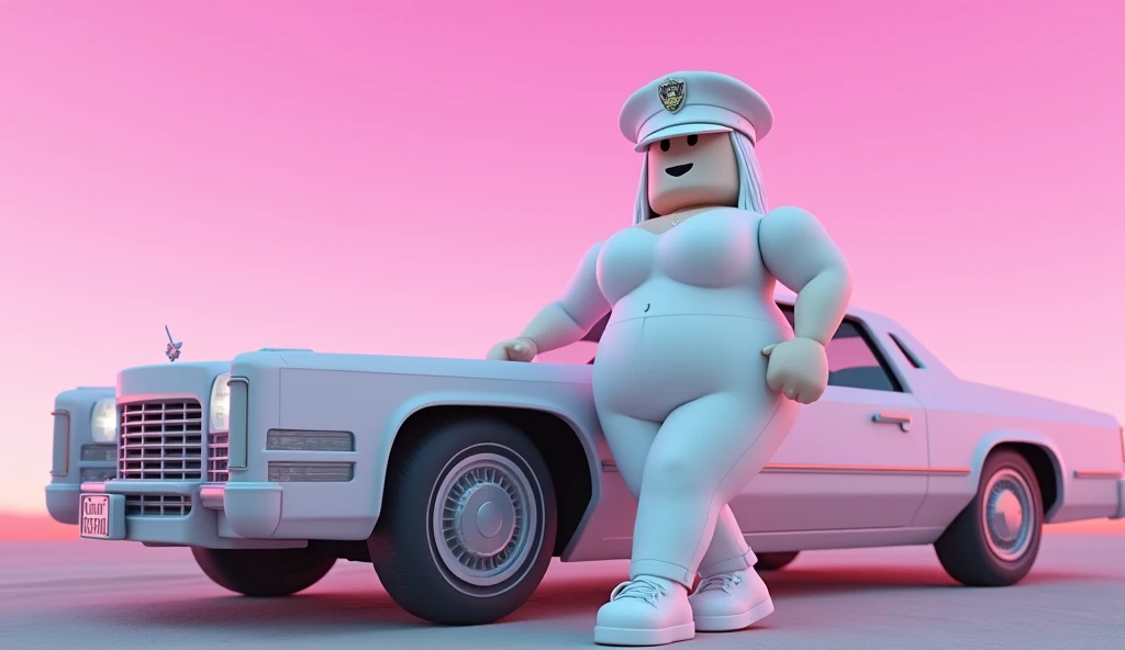 tall square roblox doll with curvy body, with white hair white blouse white jeans white shoes and no lips, white police hat leaning on a classic car, cartoon, Vice City GTA, pink sky beach background
