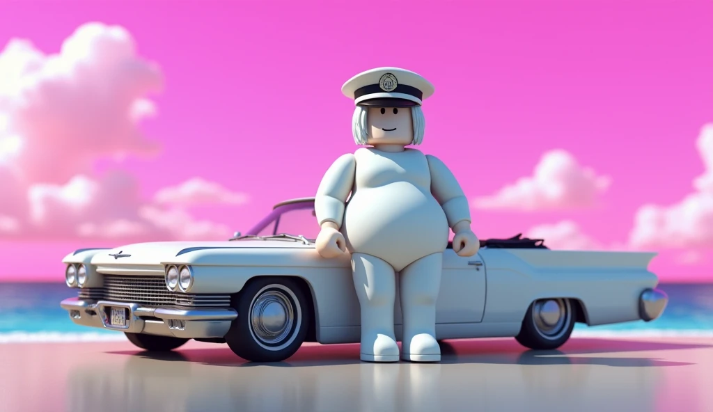 tall square roblox doll with curvy body, with white hair white blouse white jeans white shoes and no lips, white police hat leaning on a classic car, cartoon, Vice City GTA, pink sky beach background