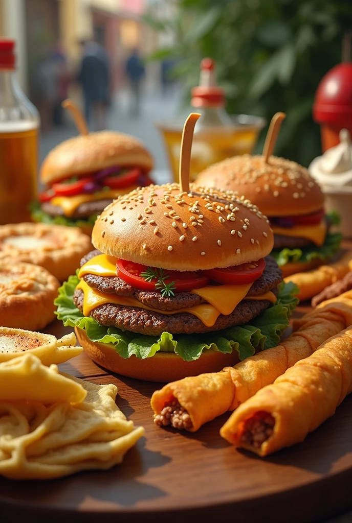 drawing image of a hamburger with some coxinha, esfiha around