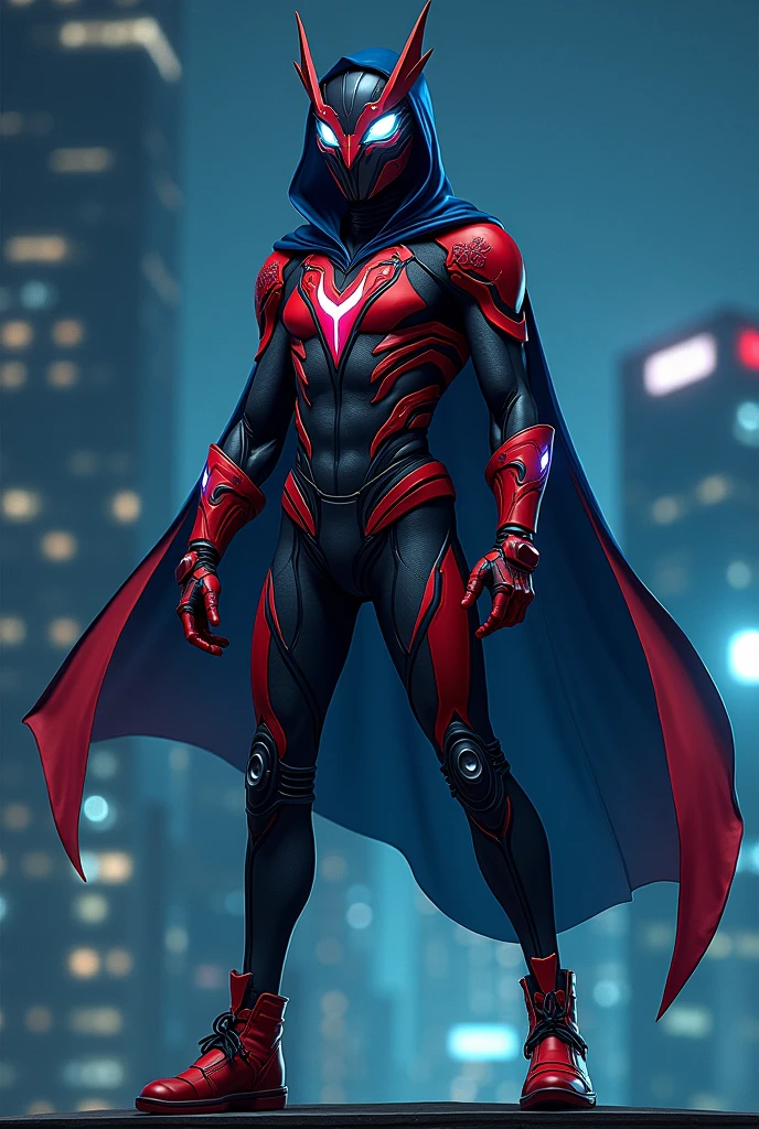 In comic book style, Nightwatcher to nastoletni superbohater o niezwykle intrygującym wyglądzie. His costume is made of flexible spandex and nanomaterials., which gives it both flexibility, as well as protection. The dominant colors in the outfit are dark gray., czerwony i granatowy, which create a strong contrast and give it a menacing look, but dynamic character.
Nosi zaawansowany technologicznie hełm o aerodynamicznym kształcie. Its surface has integrated white bionic sharp owl-style eyes.
There is a unique emblem on the chest, which is inspired by four animals: węgorzem, a spider, snow leopard and owl. His hands, łokcie, the shoulders and waist are decorated with round emblems. The whole costume has an eel-style pattern, snow leopard and spider. He stands in a dynamic pose on the roof of a building at night..