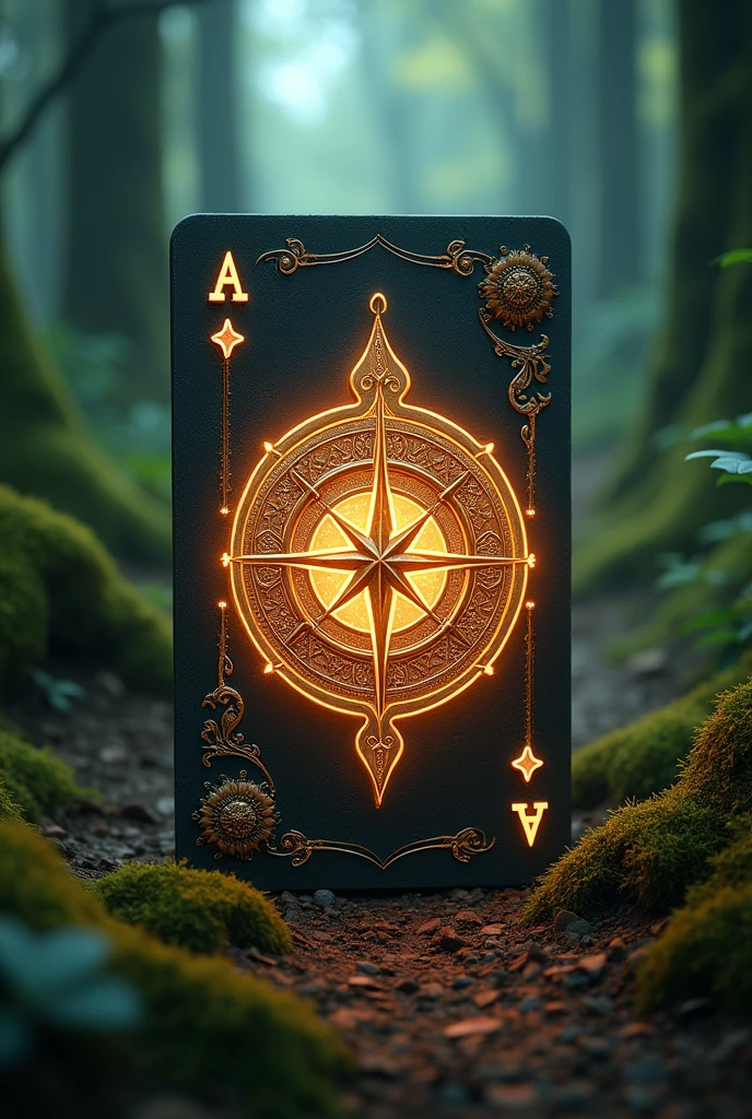 une carte à jouer avec comme dessin dessus une boussole lumineuse et en arrière plan un chemin dans une forêt. Magical atmosphere, fantasy. realistic, photo 4k