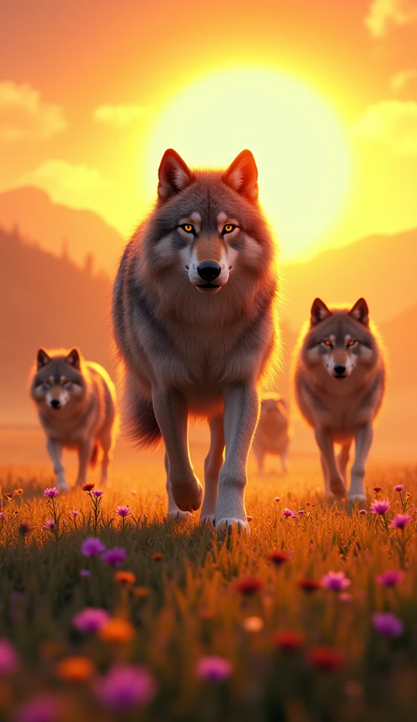 Wolf leading his pack across an open field at dawn, sun rising and illuminating the landscape, wildflowers around, sense of unity and leadership, Digital illustration with vibrant colors and light effects, --ar 16:9 --v 5






