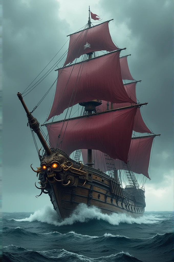 Create a very well made image of a boat sailing on the sea, this boat has a very luxurious and demonic design and is heavily armed, it is a large realistic pirate ship, it has the face of a demonic beast with glowing eyes on the front of the boat, Featured colors are black and crimson red, the boat shows that it has powerful weapons. This pirate ship has a brown hull and only 4 sails, this boat doesn't have many sails because it is realistic