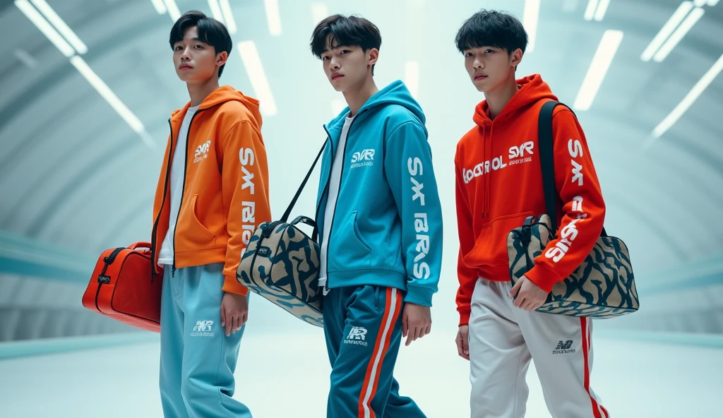 (photorealism:1.2), three sportwear fashion handsome 18 yrs. old, k pop Asian male model, runway show full body holding sports bag pack, tank top casual wear style, SXR logo design, ultra-detailed, film photography, light leaks, trending on sportwear, sharp focus, studio photo, futuristic details, highly detailed