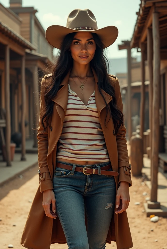 Beautiful, Mexican, young woman, wearing long sleeved stripe shirt, wearing brown leather trench coat, wearing tight blue jeans, wearing brown leather cowboy boots, wearing brown leather cowboy hat, standing in an old west town