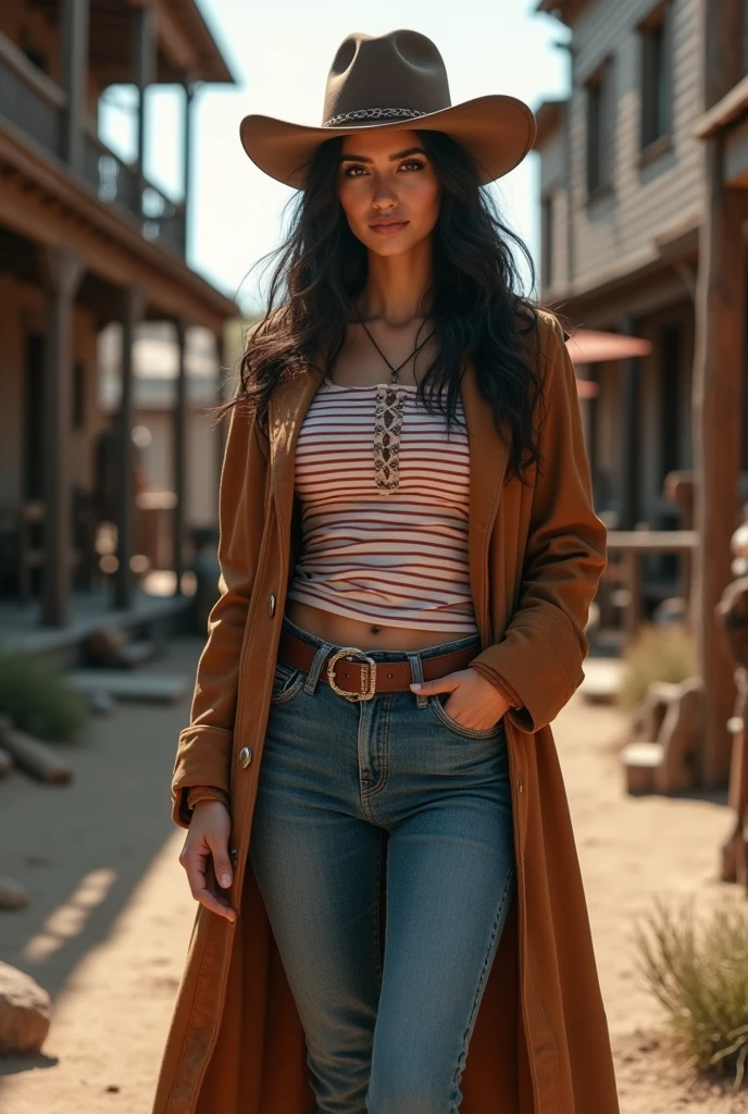 Beautiful, Mexican, young woman, wearing long sleeved stripe shirt, wearing brown leather trench coat, wearing tight blue jeans, wearing brown leather cowboy boots, wearing brown leather cowboy hat, standing in an old west town