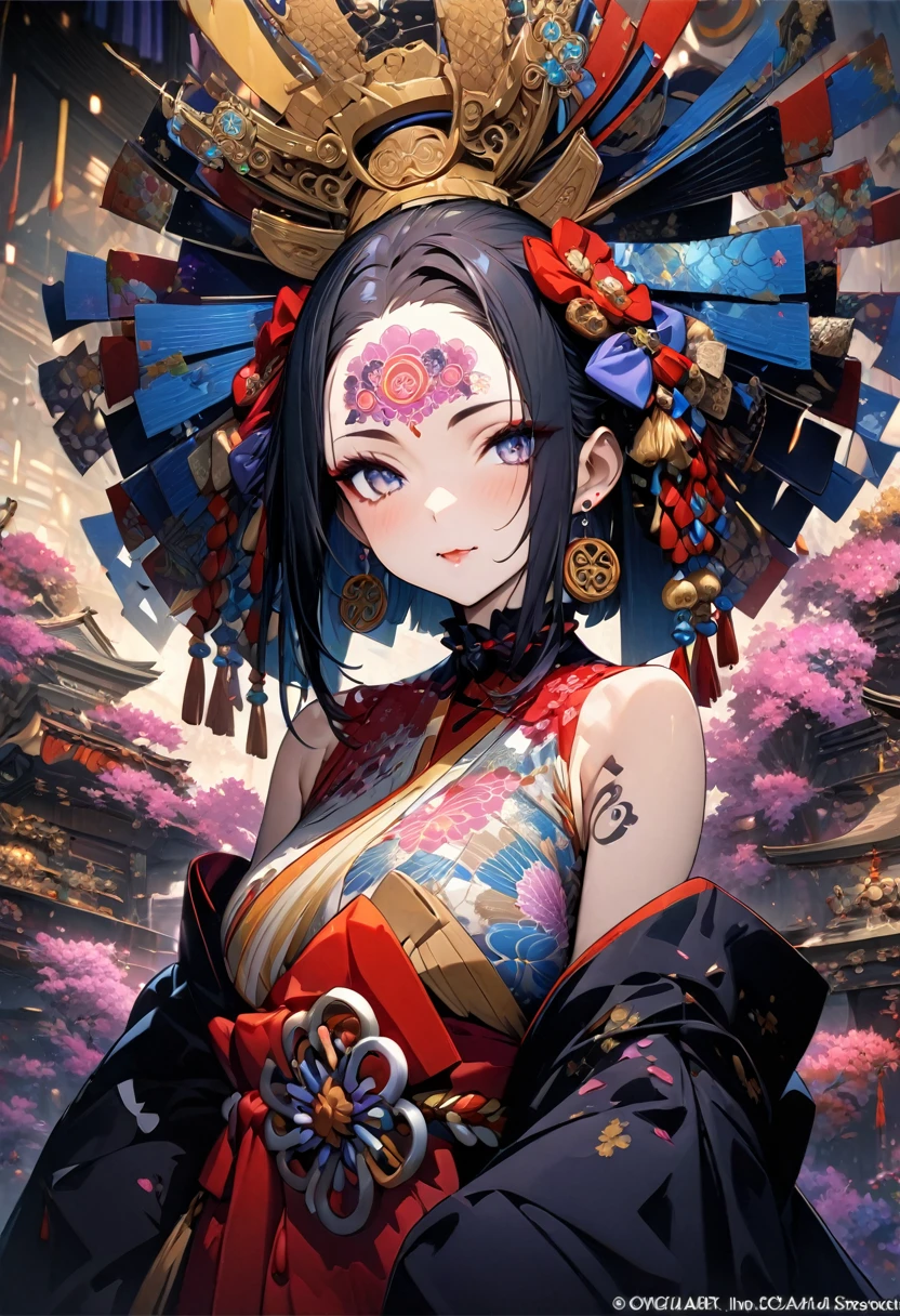 Ink painting, (((1 girl))), (((Tattoo in the middle of the forehead))), (((Oiran))), (((Japanese Hanafuda Card Earrings))), (((Great hair accessories))) Demon possession, ((Masterpiece:1.2)), ((Highest quality)), (((All body is neatly covered))), (Masterpiece, Top quality, Best quality, Official art, Beautiful and aesthetic:1.2), All body is neatly covered, (1girl), Very detailed,(Fractal art:1.3),Colorful,Top detailed