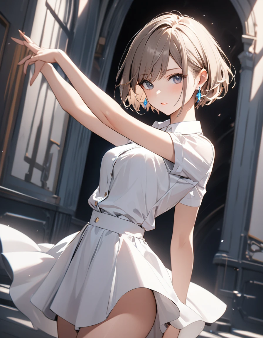 1girl, best quality, beautiful, short hair, 8K, shirt, dynamic angle, act elegant pose, hands behind, earrings, perfect body, concept