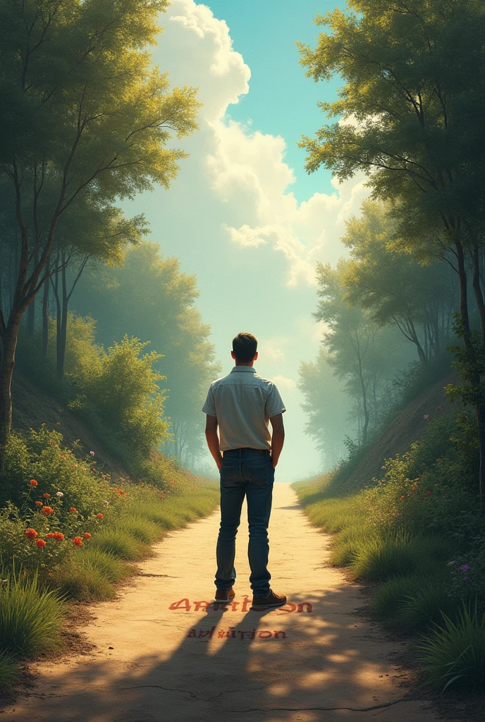 A man standing at a junction with two roads labeled "love" and "ambition" and looking at a road marked "Ambitions" with a bright, sunlit sky, while the other path, labeled as "Love"  is shadowed and overgrown, suggesting a challenging diversion and man looking at ambition side while rejecting love.
