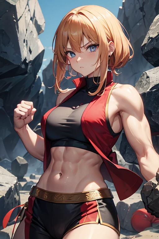 best quality, 4k, ((masterpiece)), extremely detailed, 8k, trending in ArtStation, intricate, high detail, sharp focus, detailed background, (fantasy city: 1.4), roof, 1girl, ground, navel, bow , (blond hair), red eyes, hair bow, red scarf, braid, short hair, small breasts, standing, looking at viewer, smile, midriff, cowboy shot, blonde hair, black bow, (very short bikini and sexy ), gloves, brown gloves, (muscular legs), looking back, (big, perky, hard ass)