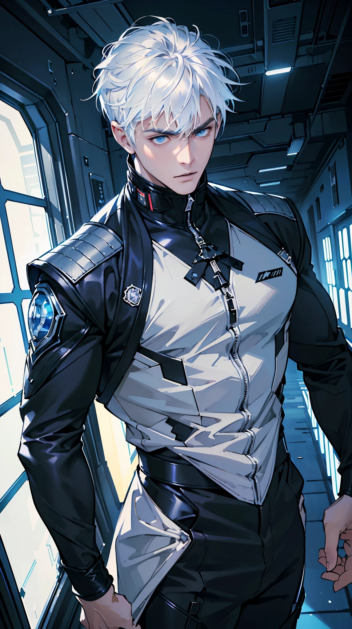 {(best quality, 8k, masterpiece, HDR, soft lighting, perfect image, digital illustration, manhwa art, hyper detailed image, perfect lines, realistic)} close-up shot of 1 very handsome man with short white hair with bangs and blue eyes, wearing black jump suit, (cold expression), {(inside dark space ship corridor background)}