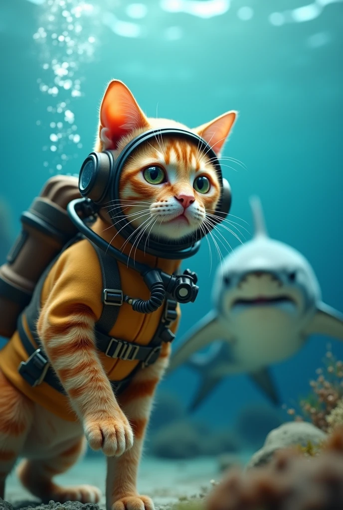 Cute close-up of a diving orange cat., in the sea, complicated details, ((Diving cat)) ,Two-legged standing,under the sea, Standing on two legs,fear,Diving suit,Cat in diving suit,shark,Blue dress,