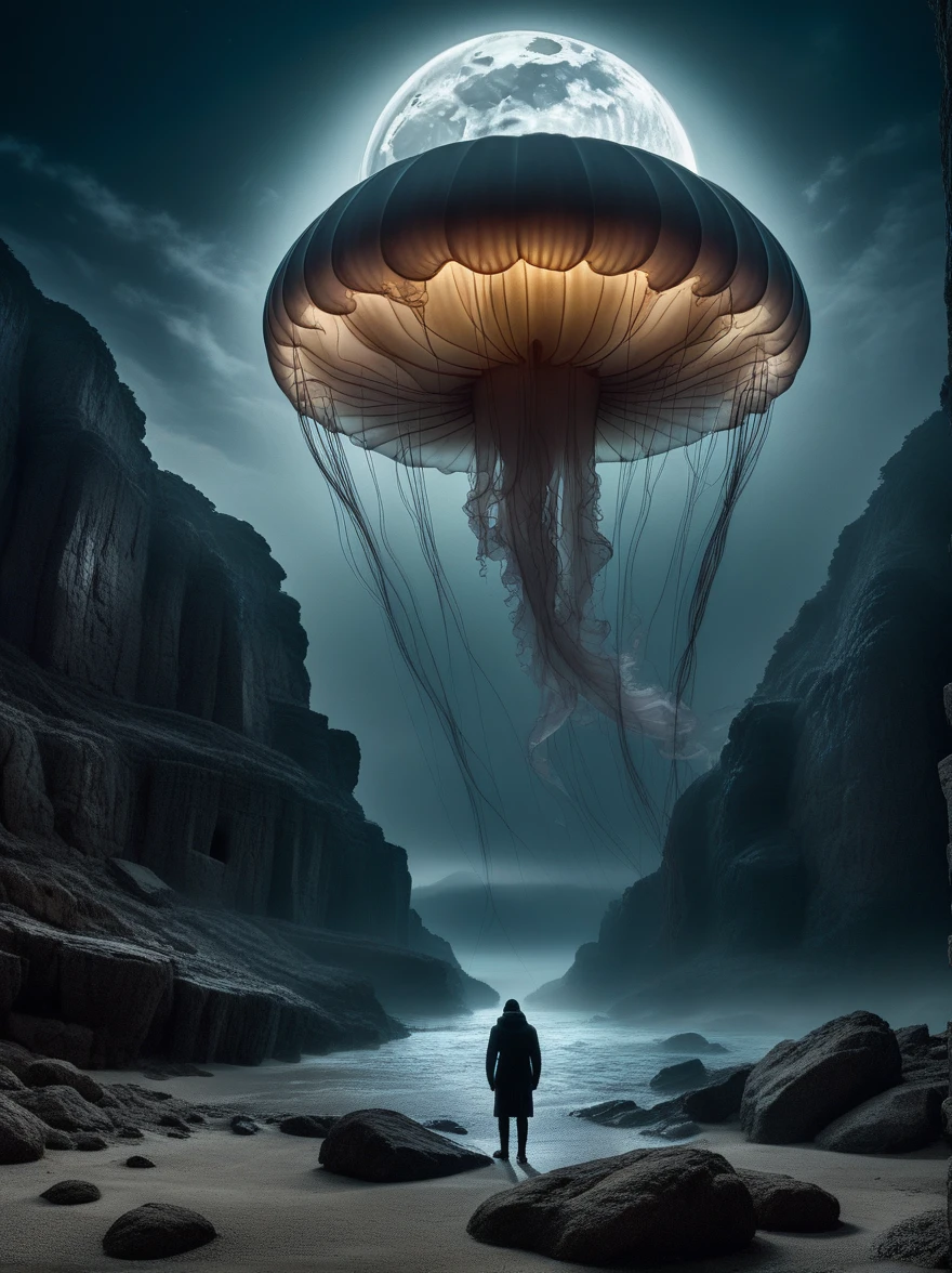 Panoramic view of the colossal one-eyed giant Gorgon Jellyfish, its entire body wrapped around the ancient Greek temple of Athena. The jellyfish's human-like eye looks menacing, with intricate details such as veins and moisture. The creature's enormous size is highlighted by its presence on a vast rocky terrain with a thin mist rising from the ground. The clouded moon casts eerie shadows, emphasizing the scale of the scene. Created using: wide-angle lens effect, cinematic lighting, detailed realism of the eyes, atmosphere of horror, dramatic perspective, high contrast, realistic textures, dark and gloomy colors