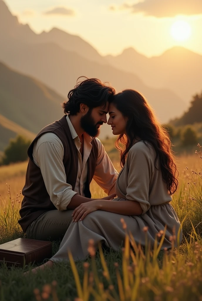 Dark-haired man and woman sitting on the grass hugging each other with the Bible in their hands in the background a landscape with mountains and sun
