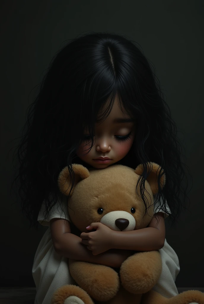 Hello, I need to generate an image with a black background, of a sad girl with dark skin and black hair which covers her face, hugging a teddy bear.