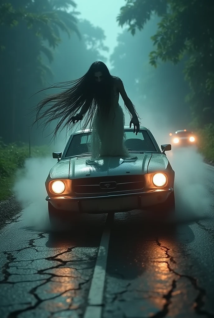a long-haired zombie,zombie face. Ugly ghost.long hair cover face , ghost, ju-on , ( surfing style pose on the roof of a car)) , wearing a ripped long white dress, car drifting. Car move fast , epic. High shutter speed. , dramatic lighting, cinematic atmosphere, moody color tones, high contrast, photorealistic, 8K, masterpiece, ultra-detailed. At night. Flash photography. In jungle scene. Horror scene. Car turn on light . Drive in car shocked. Moon background. 12 am. Fog night. Wet night. Road cracking. Flashing car lamp light from other side.