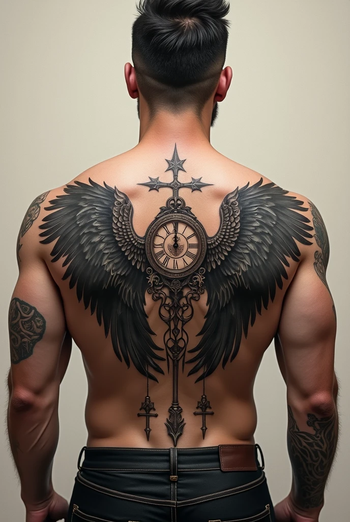 Wings tatoo with clock and rune words for man back