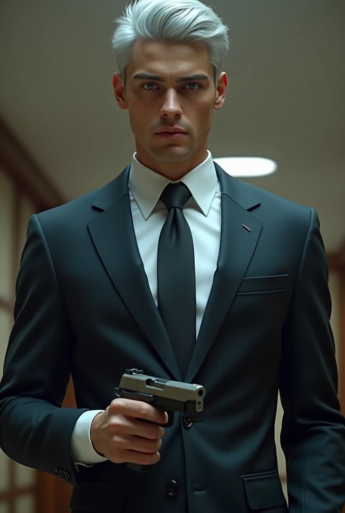  Pistol, business suit, silver hair, young man, whole body