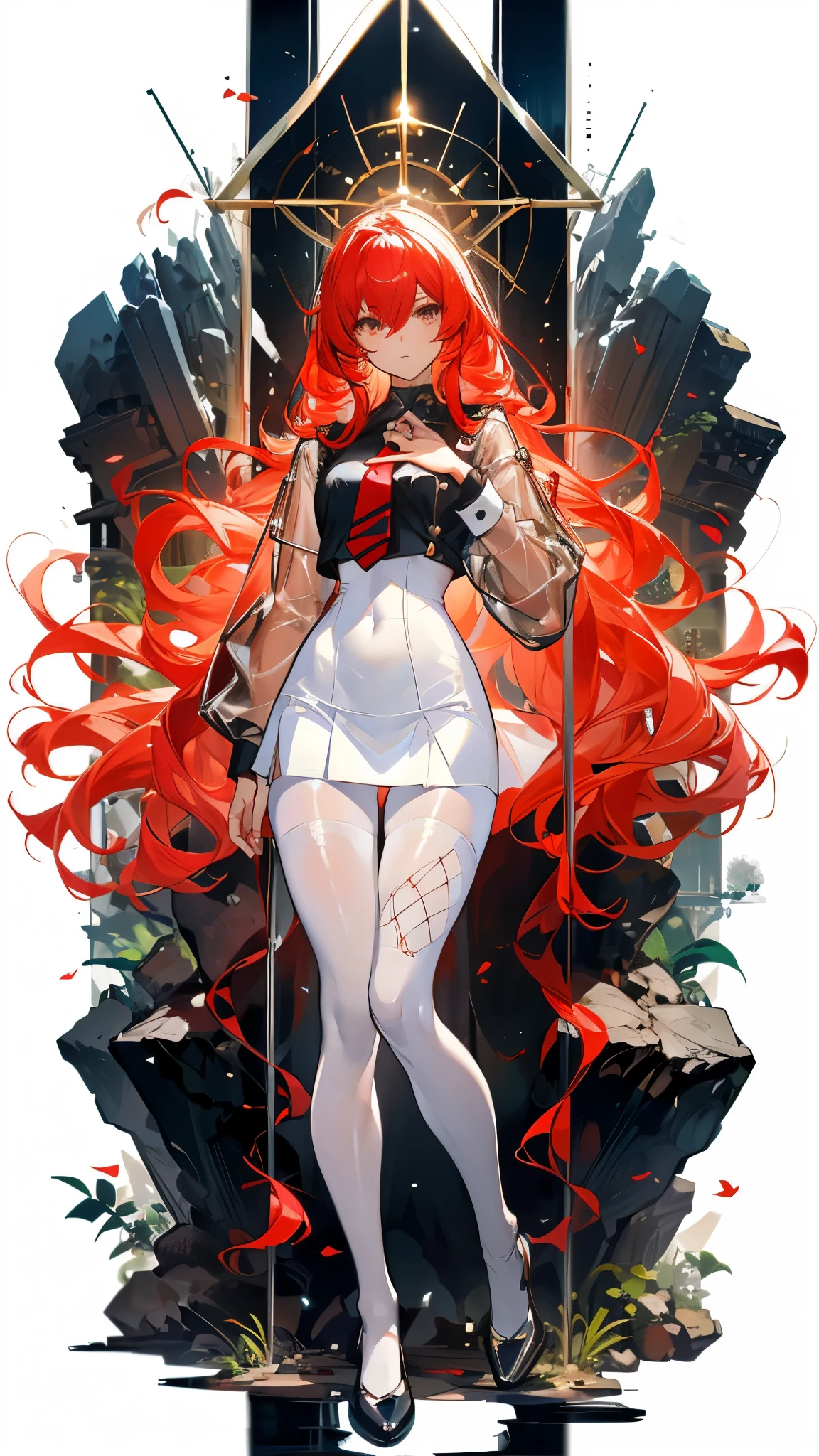 Perfect quality,Perfect body proportions,Long legs,student,jk outfit,whole body,Long curly hair,Standing picture,White,Small suit,sexly, See-through pantyhose,Fishnet stockings,transparent