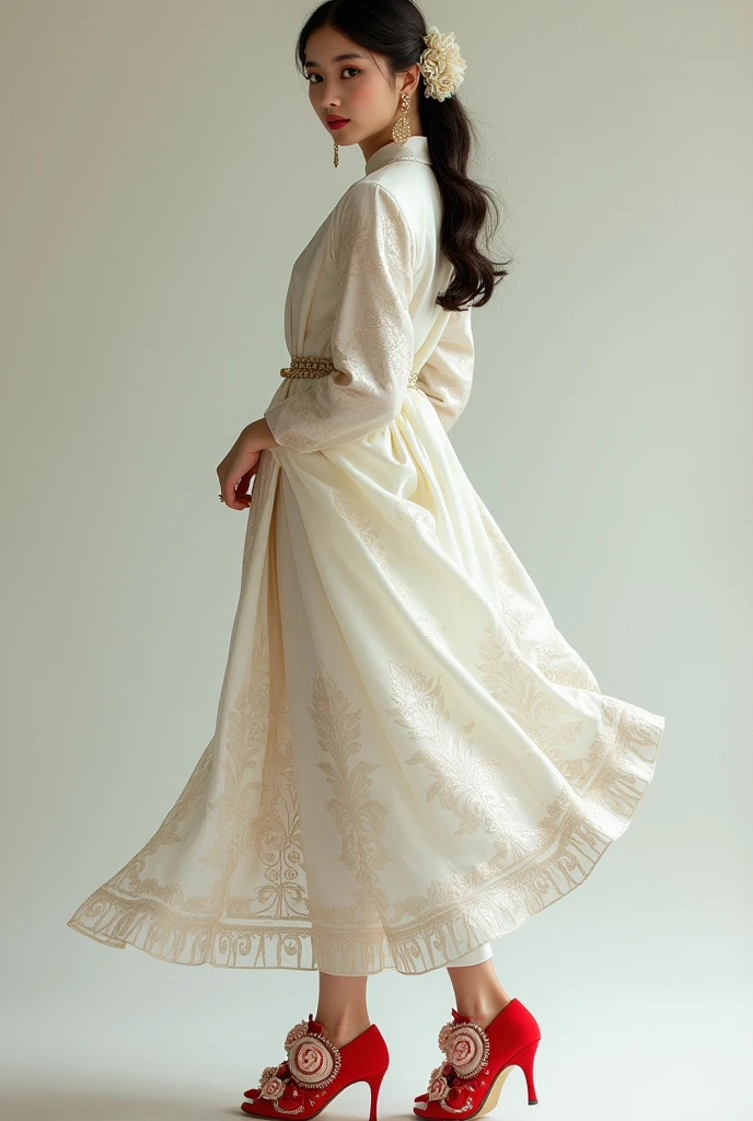 white burmese attire. brocade white. long sleeve. red high heels with big germs. make lovely cute stunning and sophisticated.