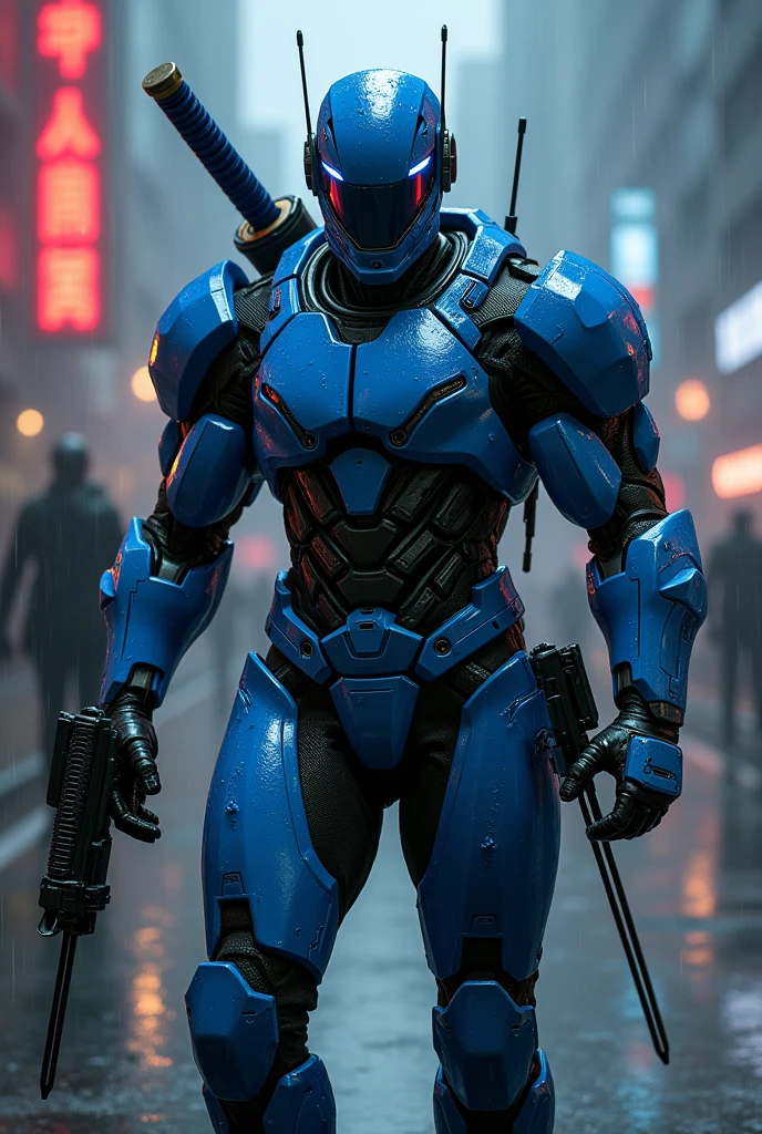 Soldat en armure futuriste bleu avec plusieurs antennes assez fine sur les côté. En plus, il à deux mini-mitrailleur sur les jambes. Le soldat est dans une ville avec des led rouge, il fait nuit et il pleut. Il a deux catanas dans le dos. Son casque est lumineux. Le l’armure est détaillée et pas enfantine. L’image est de face et il est en pose sexy. C’est un homme