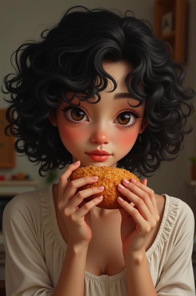 with black curly hair and white skin color having a coxinha son