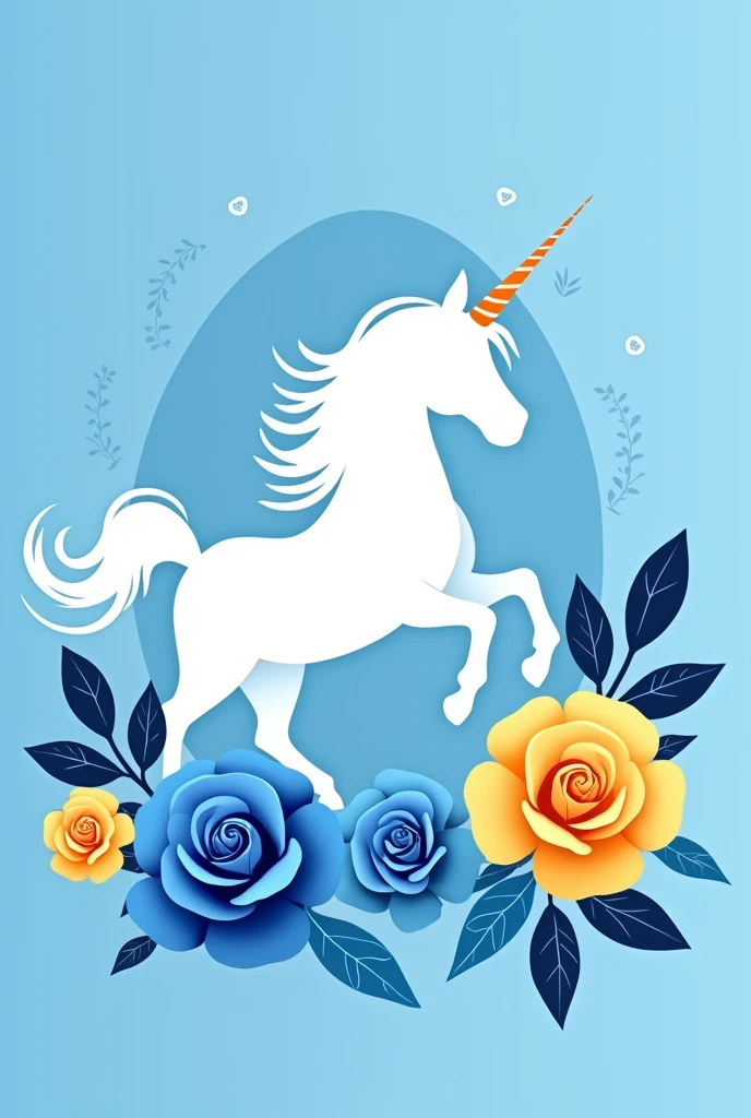 Write the word "unicorn" wm logo shape in white colors, blue and yellow rose with blue background