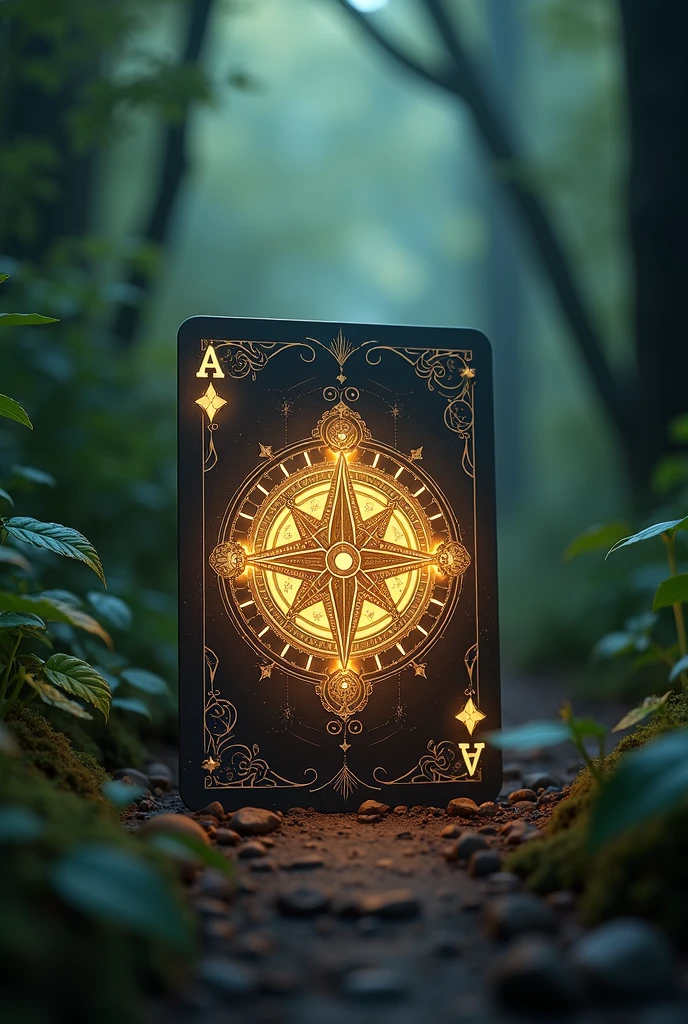 une carte à jouer avec comme dessin dessus une boussole lumineuse et en arrière plan un chemin dans une forêt. Magical atmosphere, fantasy. realistic, photo 4k