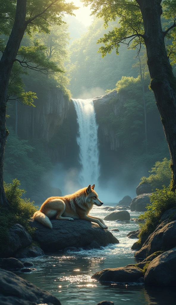 Wolf resting on a rock next to a waterfall in the middle of a dense forest, soft evening light illuminating the environment, atmosphere of tranquility and contemplation, Digital artwork with soft lighting rendering and earthy color palette, --ar 16:9 --niji