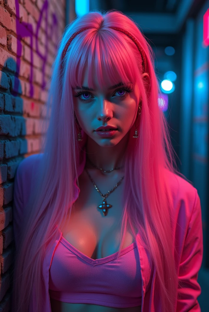 (masterpiece, best quality, 1girl, solo, intricate details, chromatic aberration), realistic, ((medium breath)),long hair, pink hair, red head ornament, pink highlights, hair over one eye,purple eyes, earrings, sharp eyes, choker, neon shirt, open jacket, crop top, (symmetry eyes),(perfect symmetrical body),against wall, brick wall, graffiti, dim lighting, alley ,look at viewer