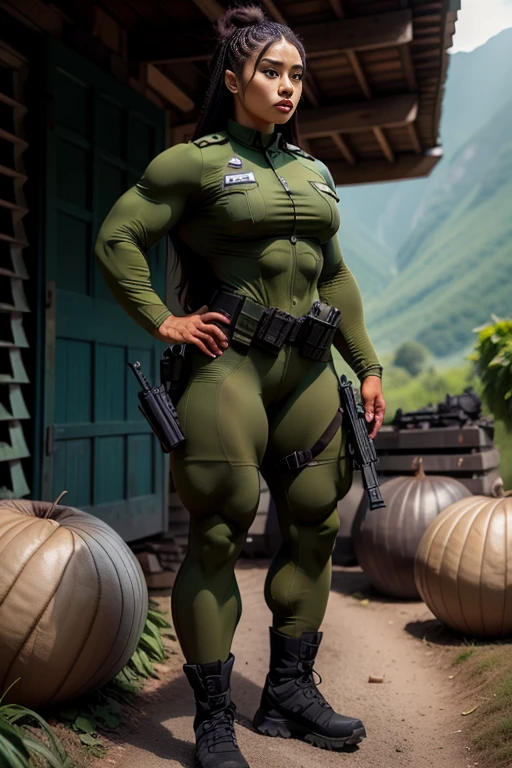 Photorealistic, high resolution, 1 malay woman wearing a green beret, Solo, Hips up, Battlefield background,view the viewer, (Detailed face), braided hair, wearing a green beret and a special team logo, SWAT vests, airborne logo on the chest, sniper rifle handle, camouflage combat suit, Camoflage military uniform, SWAT Boots, bulletproof vest, Holding an assault rifle, M16, Inside the jungle of Royal Belum, Very detailed, Perfect face, Black eye, jewelry, (full body view), Lifelike, masterpiece, HDR, 4K
