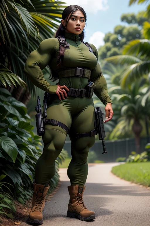 Photorealistic, high resolution, 1 malay woman wearing a green beret, Solo, Hips up, Battlefield background，view the viewer, (Detailed face), braided hair, wearing a green beret and a special team logo, SWAT vests, airborne logo on the chest, sniper rifle handle, camouflage combat suit, Camoflage military uniform, SWAT Boots, bulletproof vest, Holding an assault rifle, M16, Inside the jungle of Royal Belum, Very detailed, Perfect face, Black eye, jewelry, (full body view), Lifelike, masterpiece, HDR, 4K